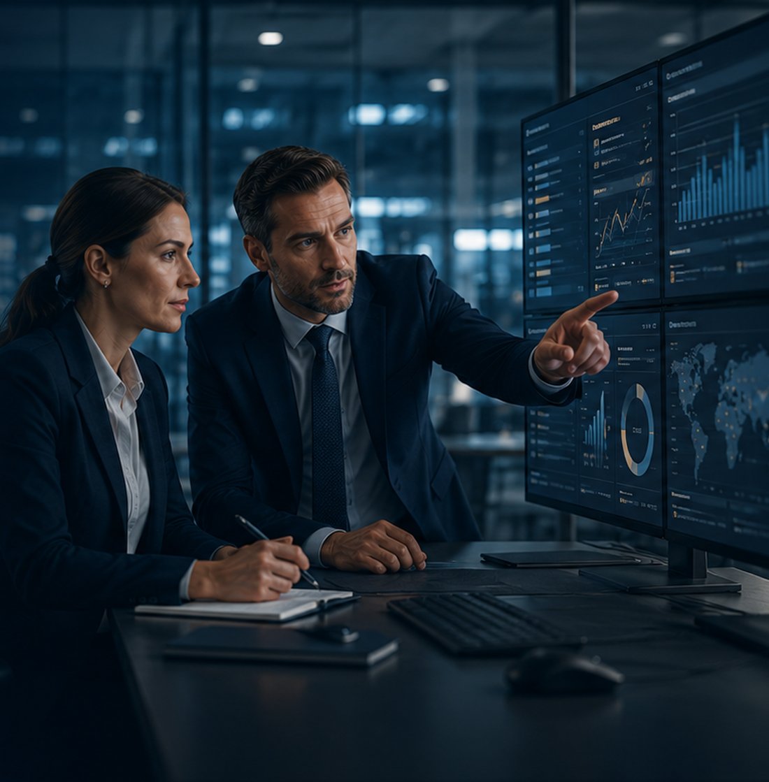 Colleagues reviewing compliance dashboards on a large screen