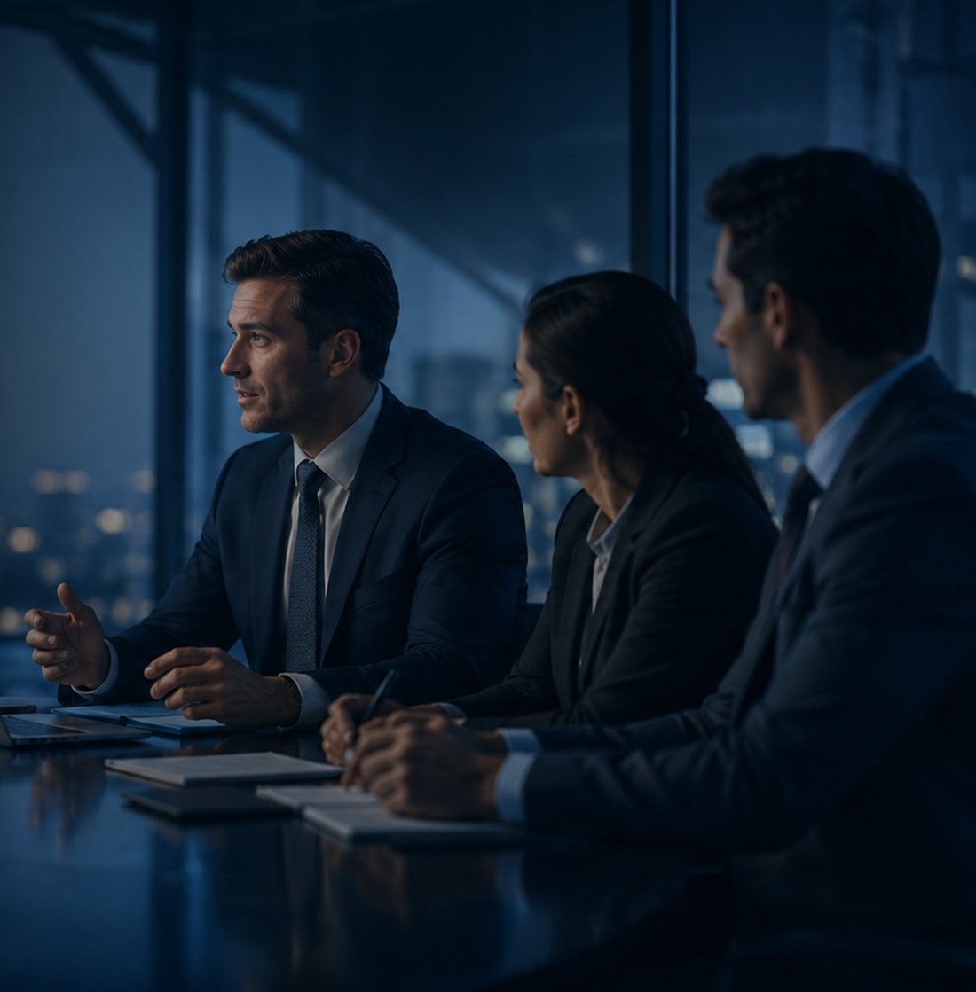 Finansproffs som går igenom dashboards i ett mötesrum
