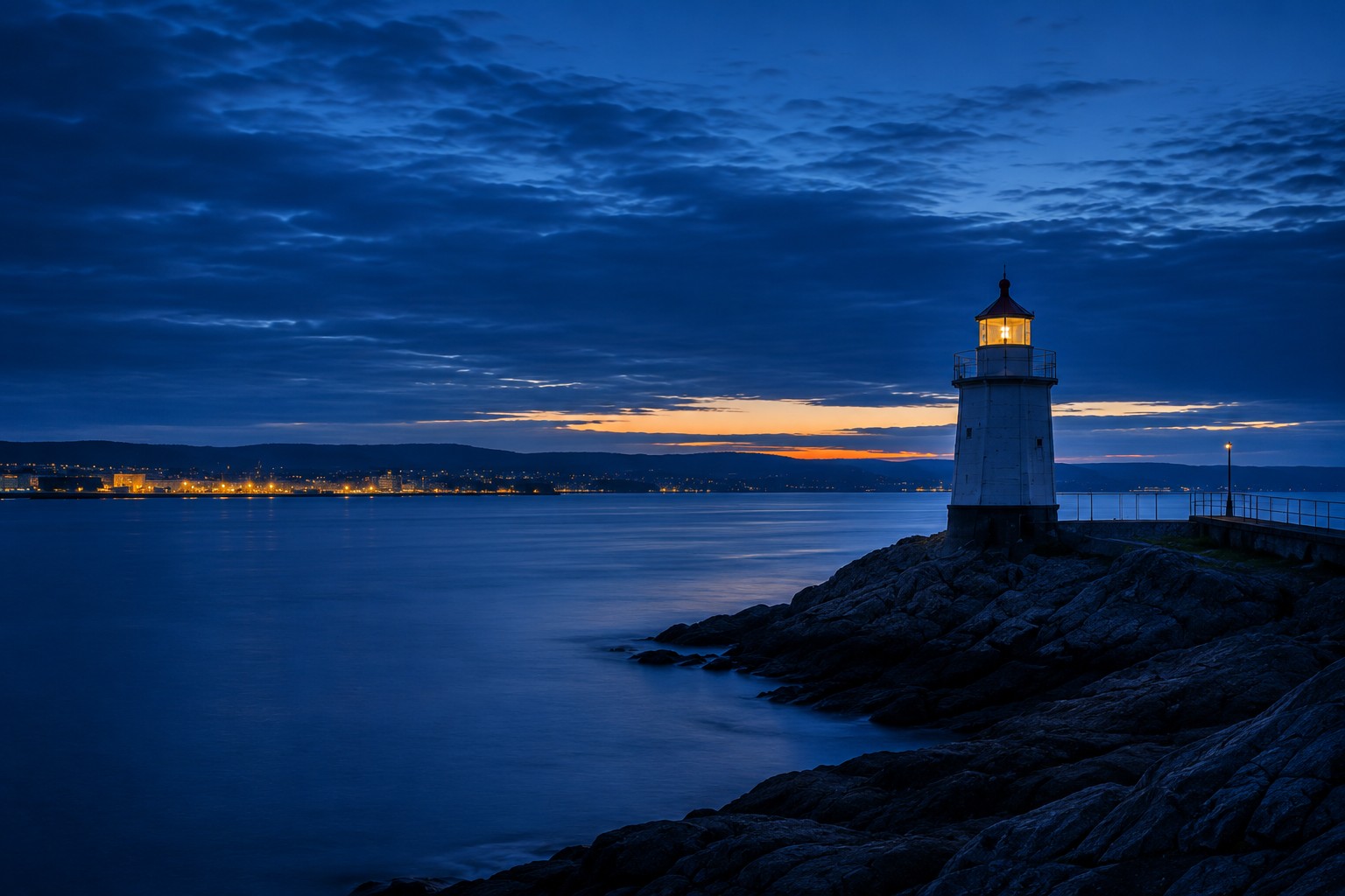 Et fyrtårn på en klippeudsprøjt ved solnedgang