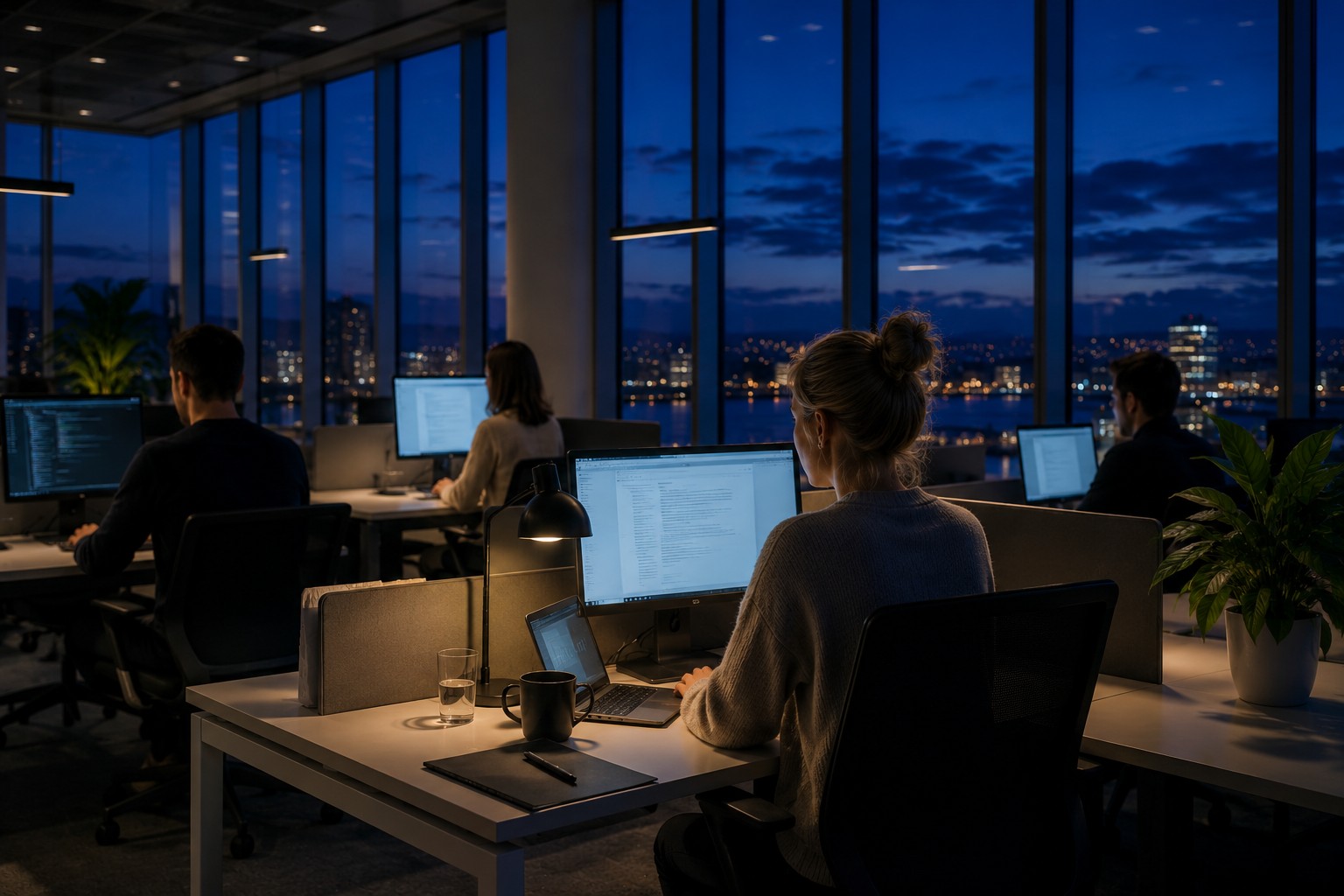 Et åpent kontorlandskap om natten – et bilde på et advokatfirmas team i arbeid